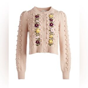 Alice + Olivia Kitty Puff Sleeve Floral Embroidery Cardigan Sweaters M NWT
